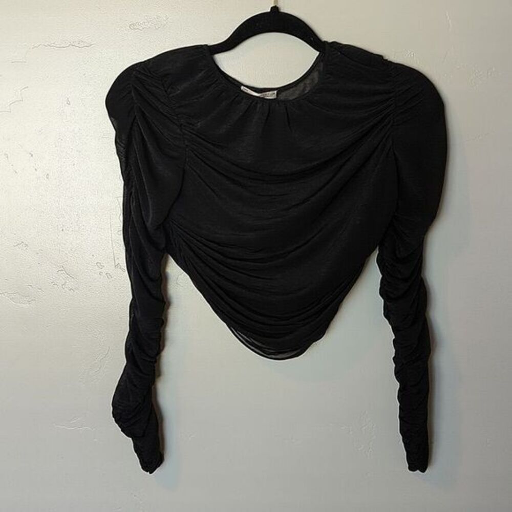 Zara Black Sheer Ruched Sleeves Cropped Top Size S